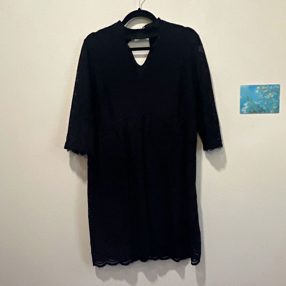 Whimsy Goth Women’s Black Floral Lace V-Neck 3/4 Sleeve Knee Dress XL